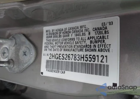 2003 Honda Civic Ex from USA, damaged, VIN 2HGES26783H559121